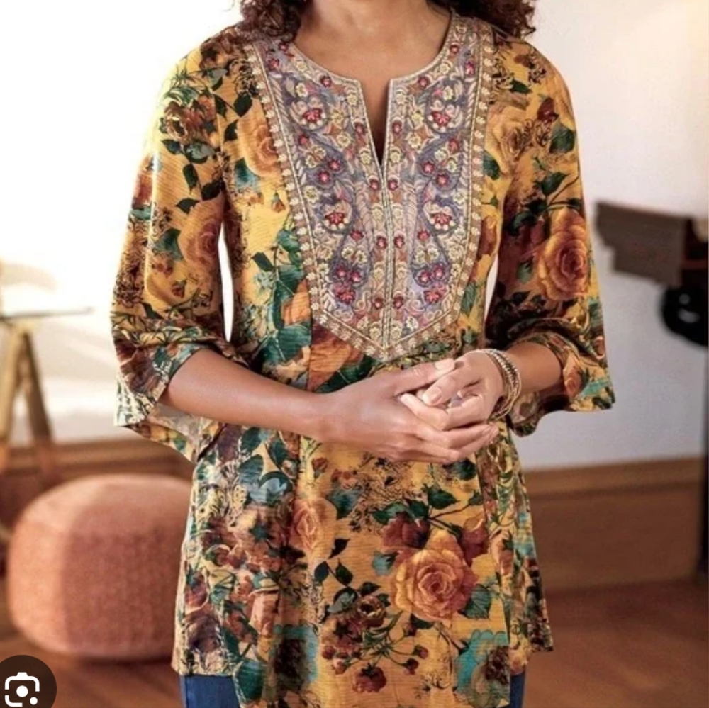 Soft Surroundings Women's Miranda Boho Floral Embroidered Blouse  XL Petite